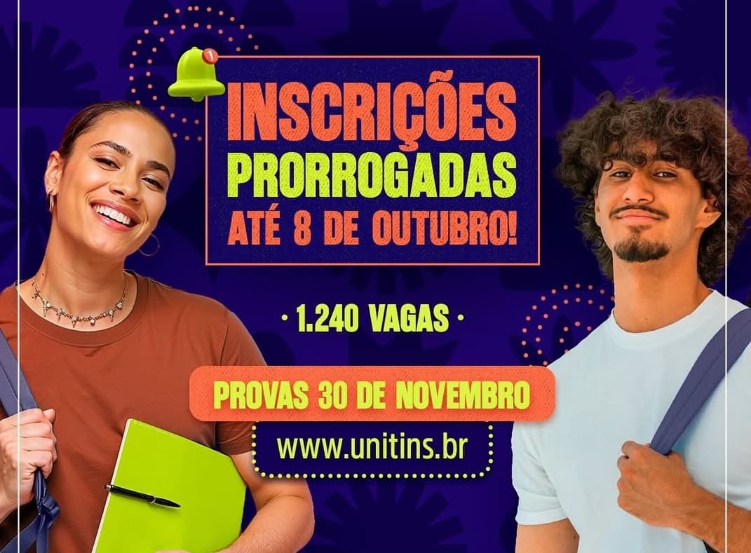 Foto da notícia: Unitins prorroga inscrições do vestibular para cursos “TO Graduado” com 80 vagas em Guaraí