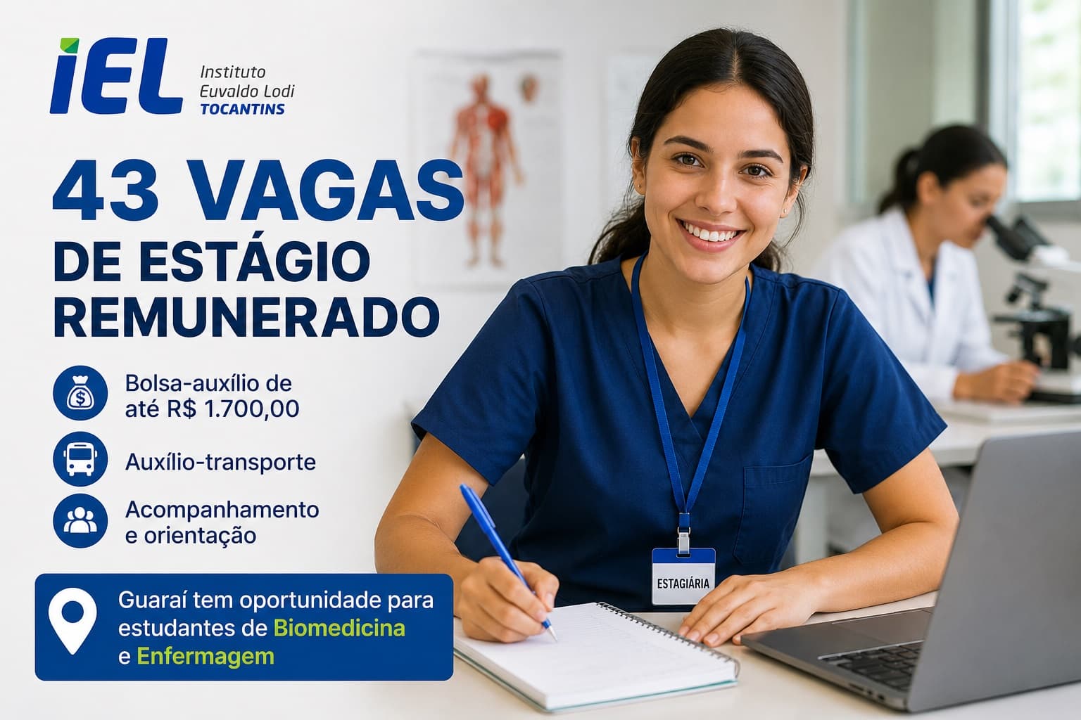 Foto da notícia: IEL/TO abre 43 vagas de estágio; Guaraí tem oportunidade para Biomedicina e Enfermagem