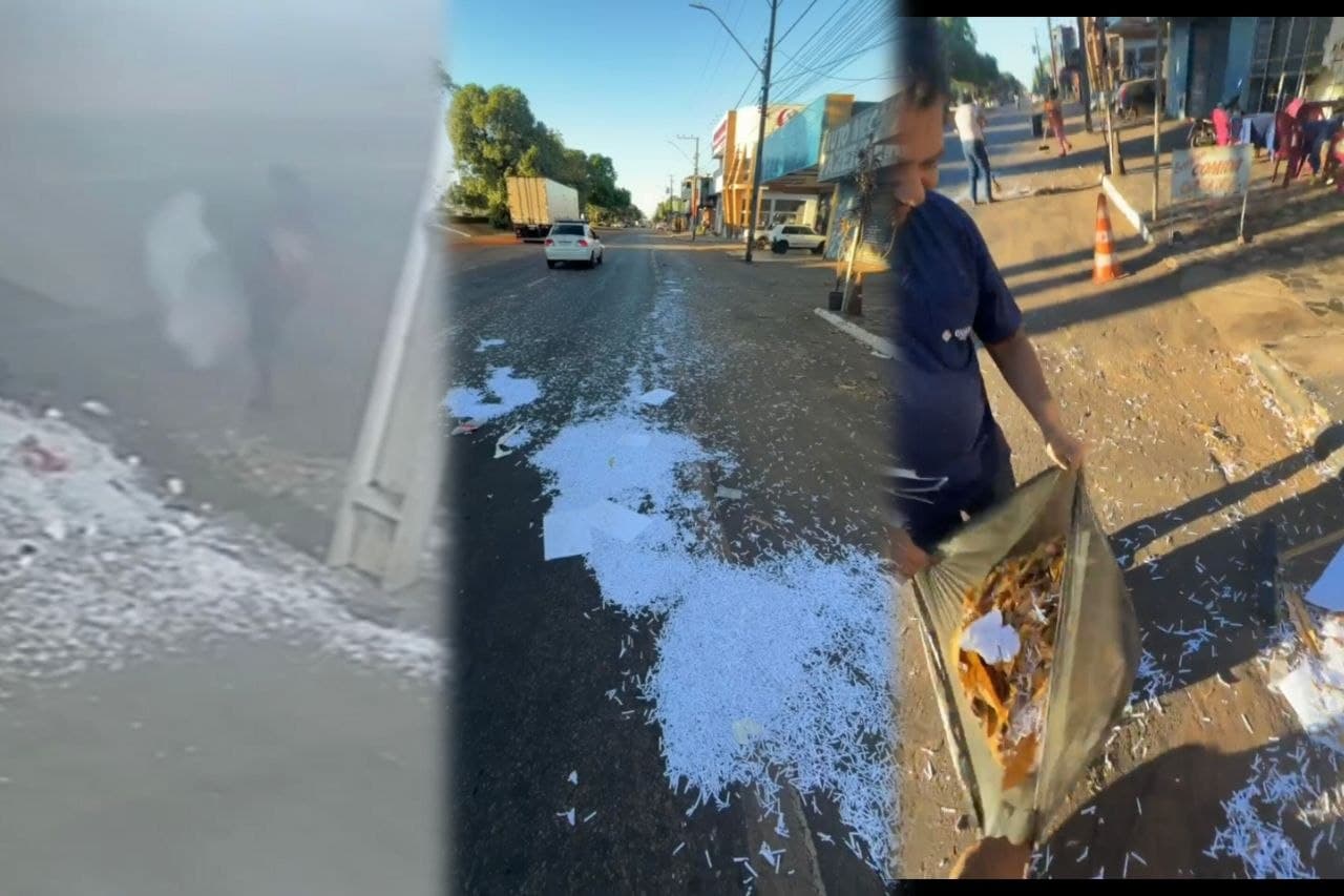 Foto da notícia: ‘Noiado’ é flagrado espalhando papéis triturados após rasgar sacos de lixo no Centro de Guaraí