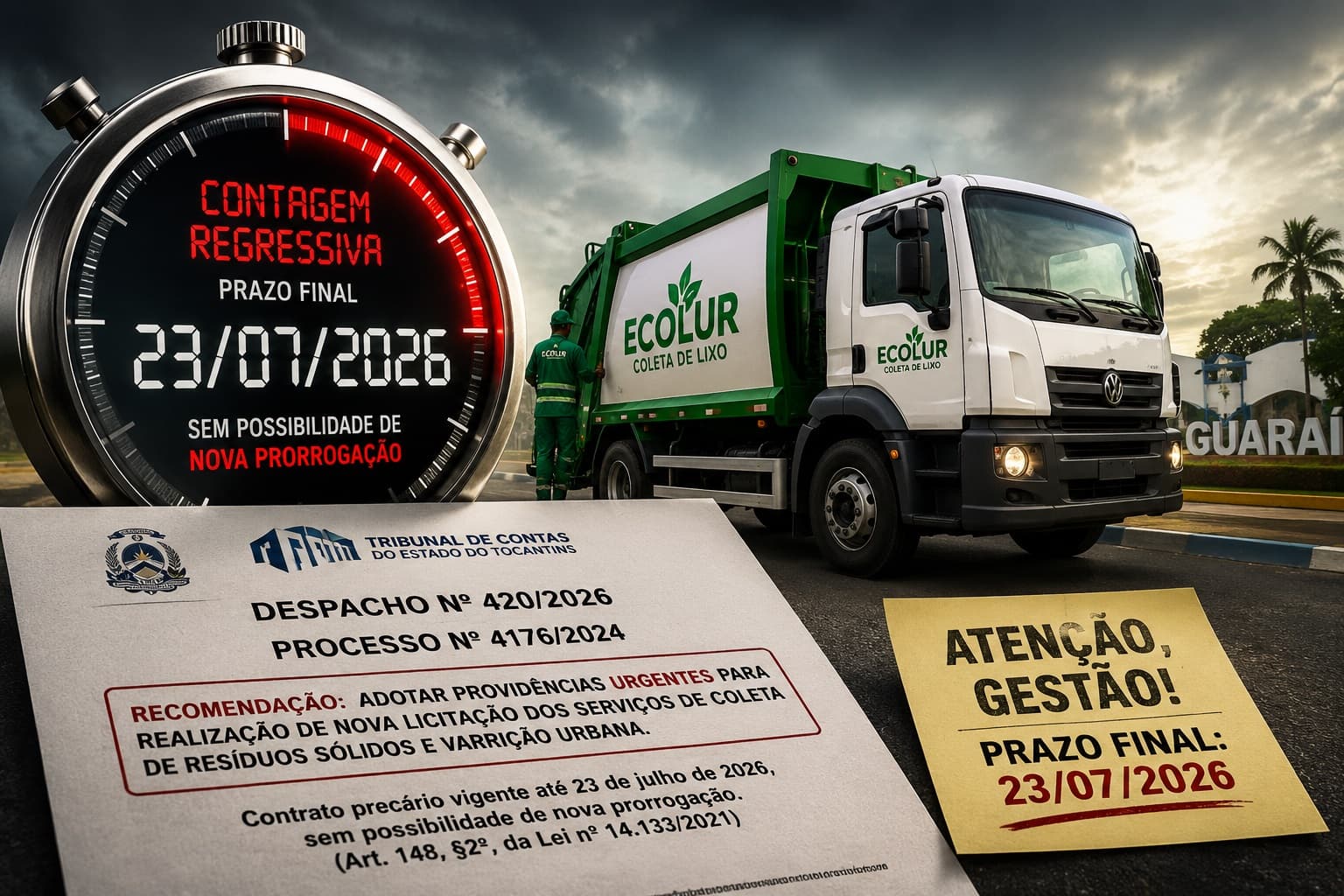 Foto da notícia: Conselheiro do TCE/TO cobra solução urgente para contrato milionário de coleta de lixo em Guaraí