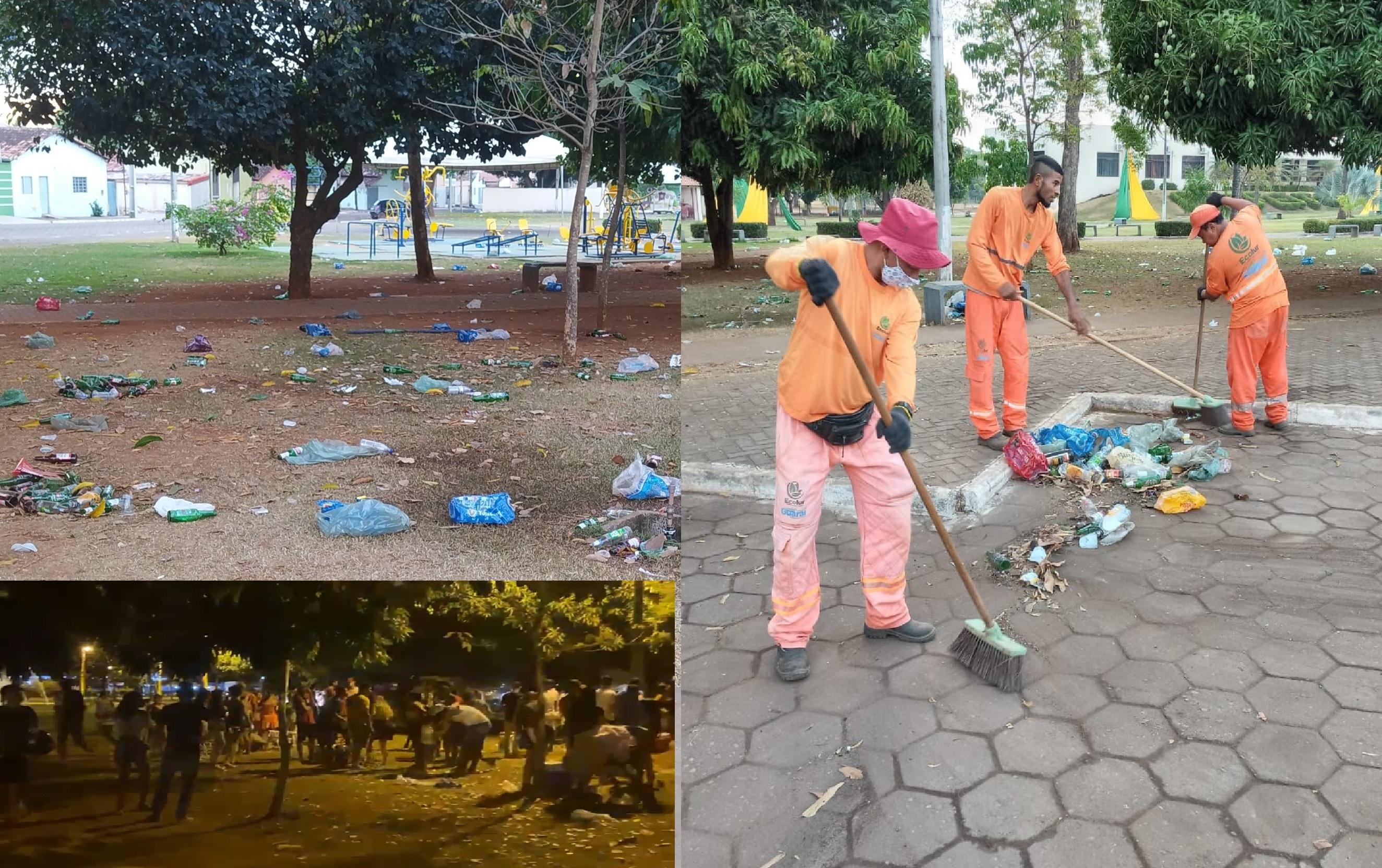 Limpeza Pública de Guaraí trabalha dobrado após “farrinha” de jovens na Praça da Prefeitura